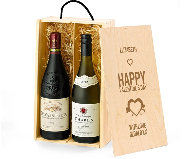 Valentine's Day Premium French Red & White Wine Gift Box With Engraved Personalised Lid